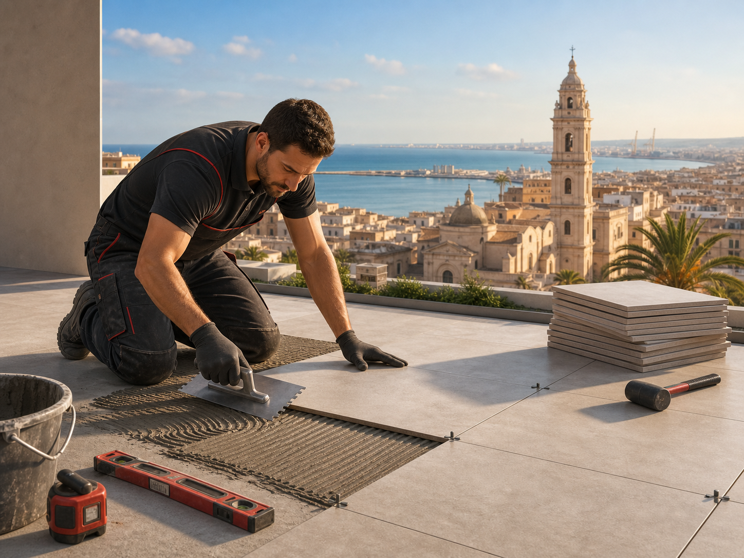 Artigiano che posa piastrelle in un'immagine 3D illustrata con skyline di Gela sullo sfondo